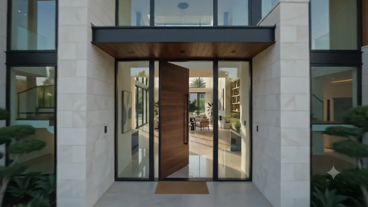 The entry — walnut pivot door opening to the hall