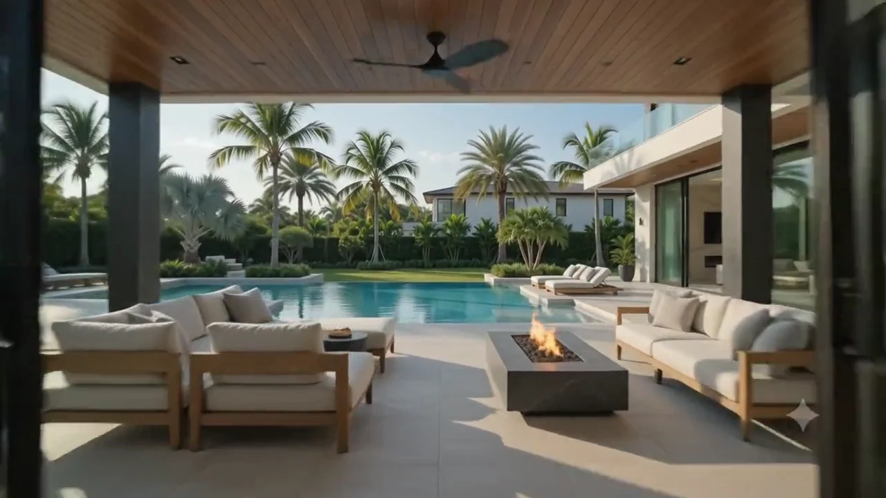 The loggia — fire table under a timber ceiling by the pool