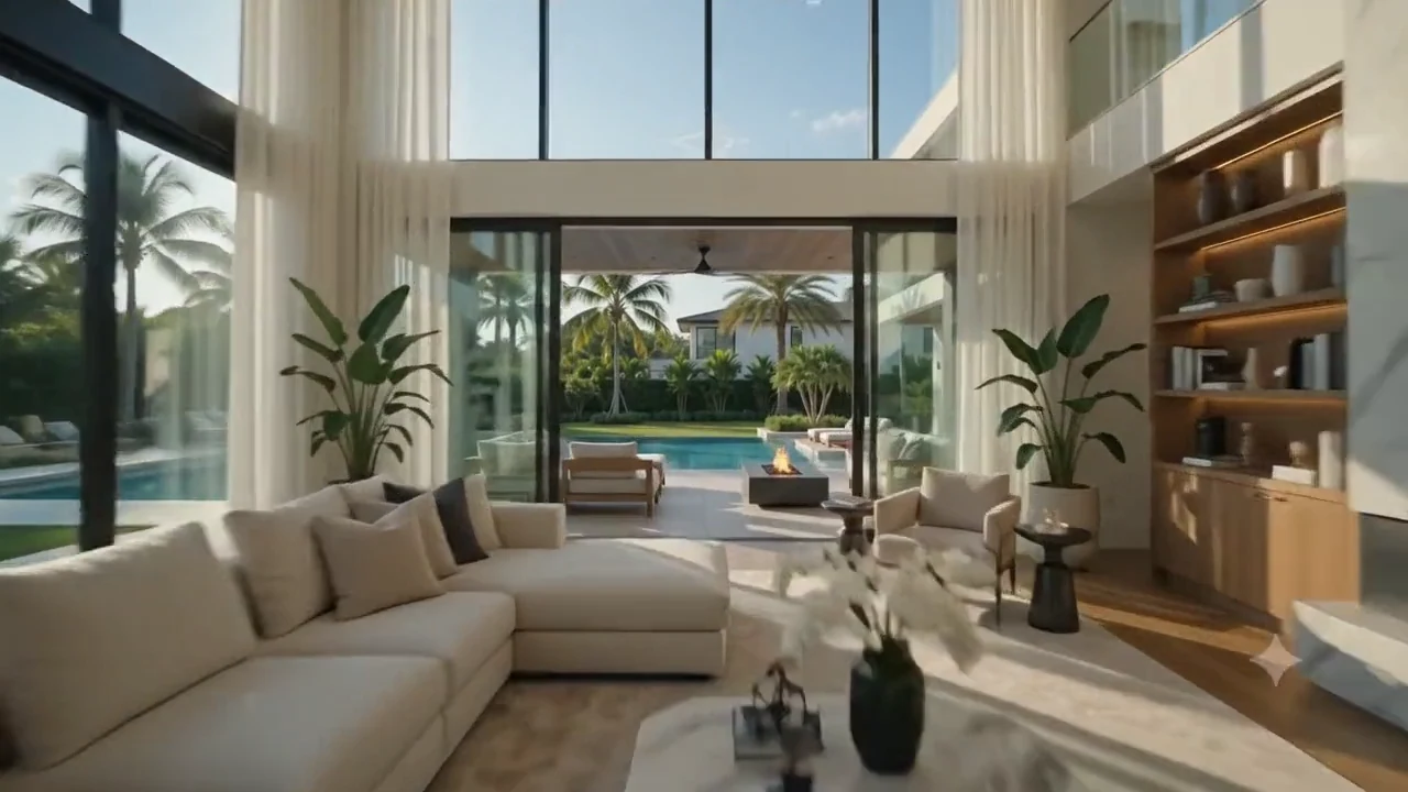 The lounge looking through sliders to the pool