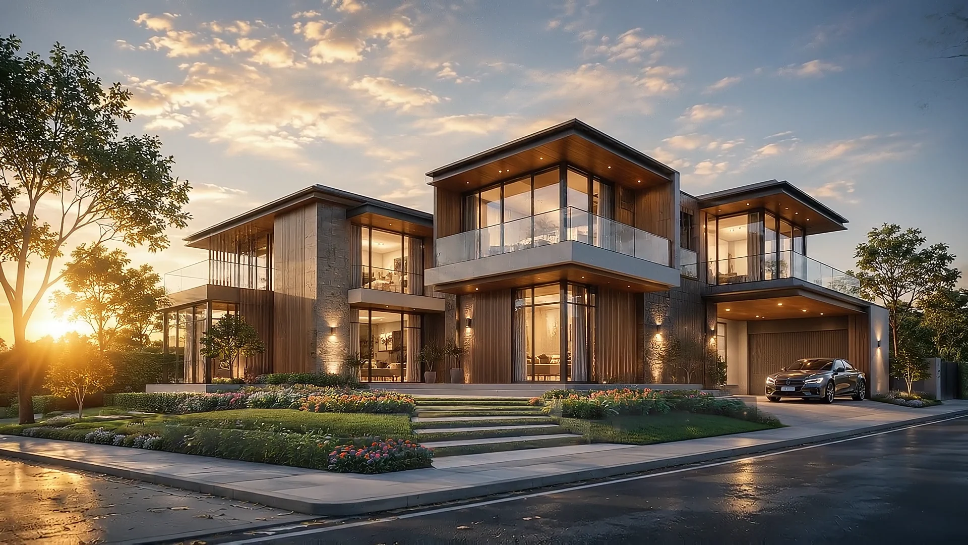 The finished modern home at golden hour, car in the driveway
