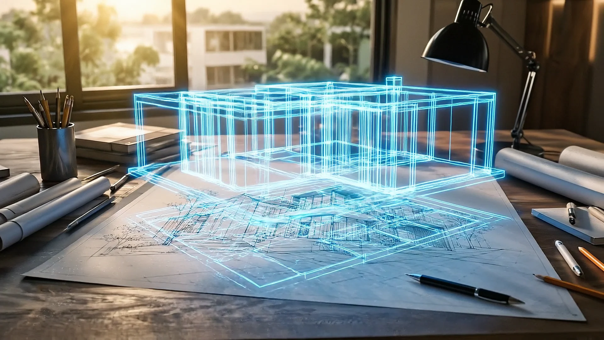 Holographic wireframe of the house hovering over the drafting sheet