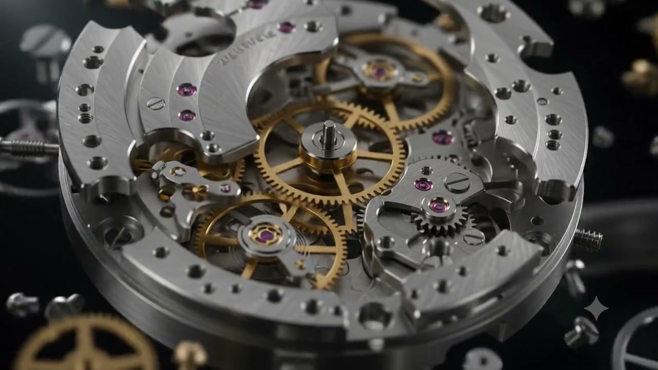 Macro of the Calibre IX movement — gold gears and ruby jewels